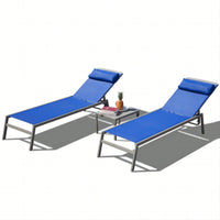 3 Pieces Adjustable Aluminum Backrest Pool Lounge Chairs Textilene Sunbathing Recliner With Headrest