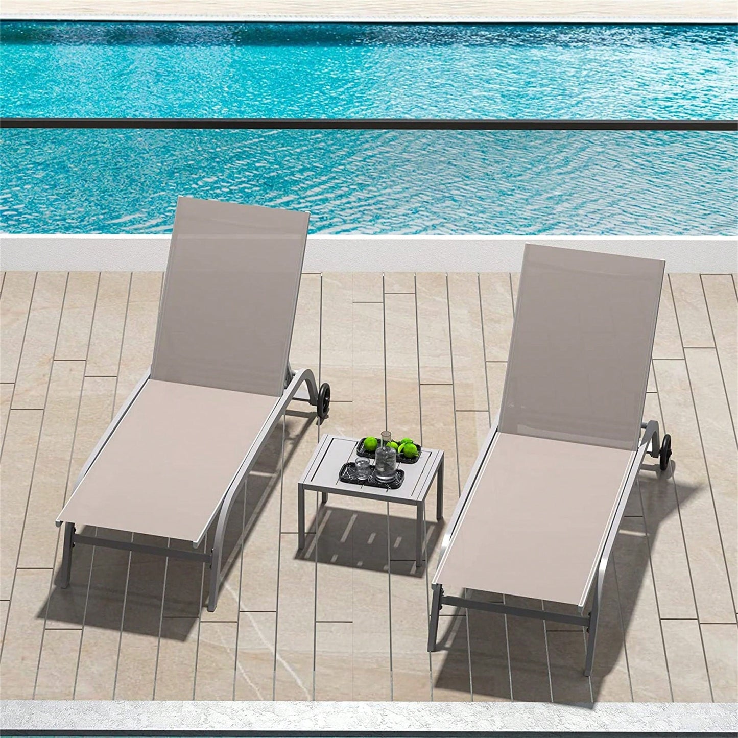 Outdoor Chaise Lounge Set of 3 Adjustable Chairs with Wheels for Patio and Poolside Relaxation