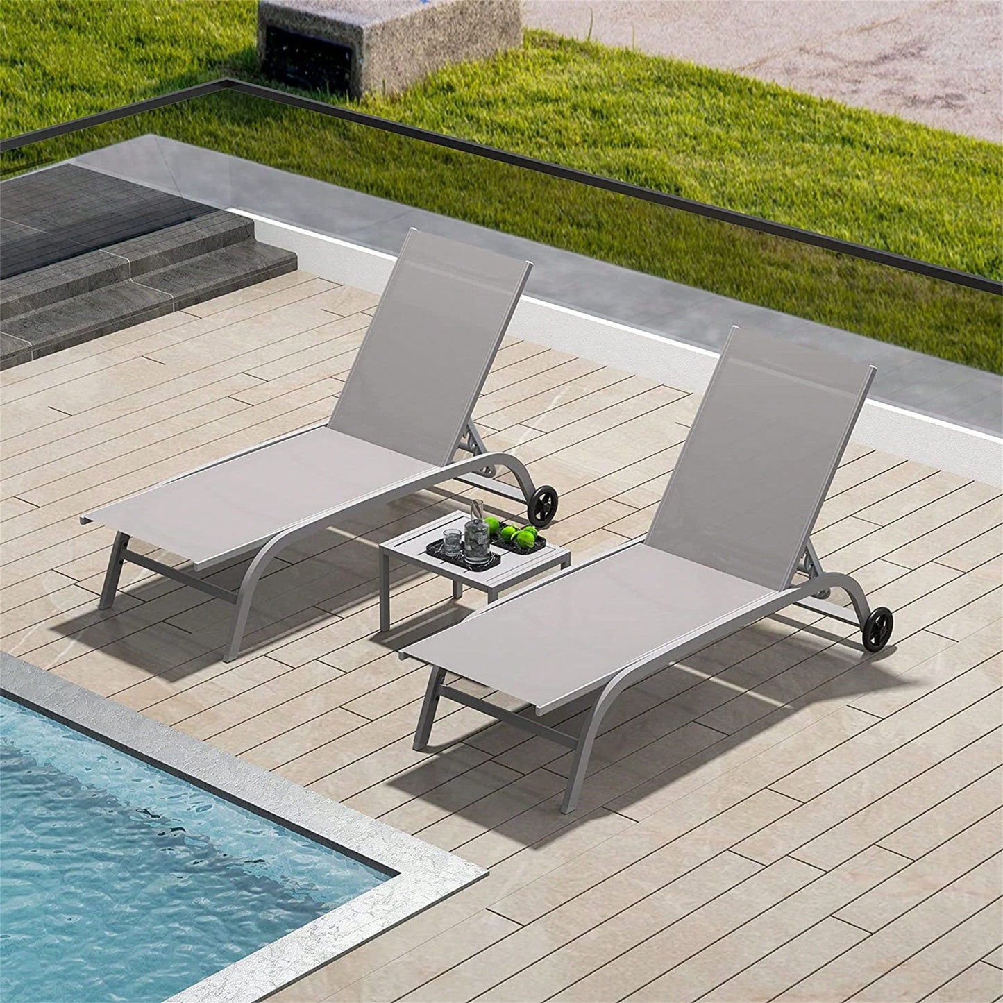 Outdoor Chaise Lounge Set of 3 Adjustable Chairs with Wheels for Patio and Poolside Relaxation