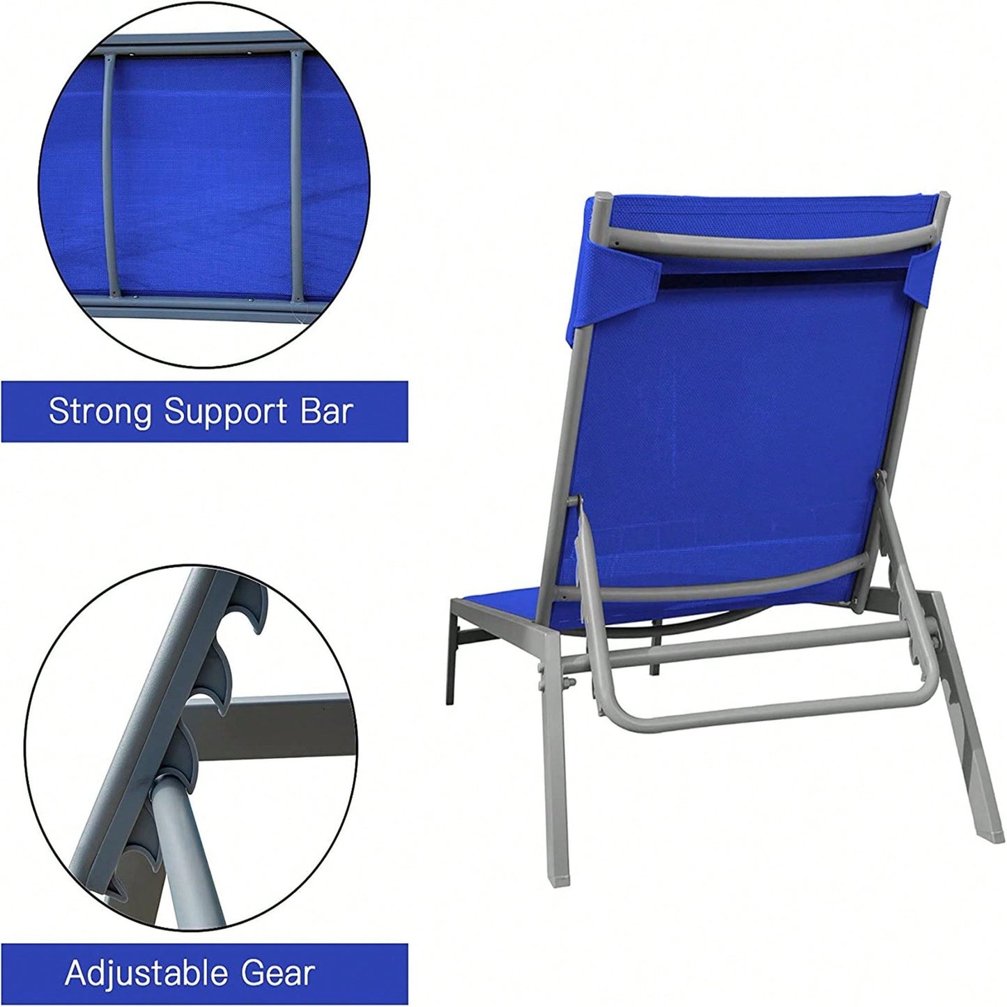 3 Pieces Adjustable Backrest Pool Lounge Chairs Steel Textilene Sunbathing Recliner With Headrest (Grey,2 Lounge Chair+1 Table)