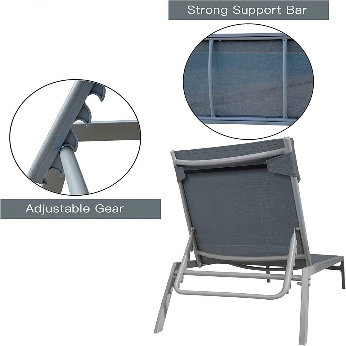 3 Pieces Adjustable Backrest Pool Lounge Chairs Steel Textilene Sunbathing Recliner With Headrest (Grey,2 Lounge Chair+1 Table)