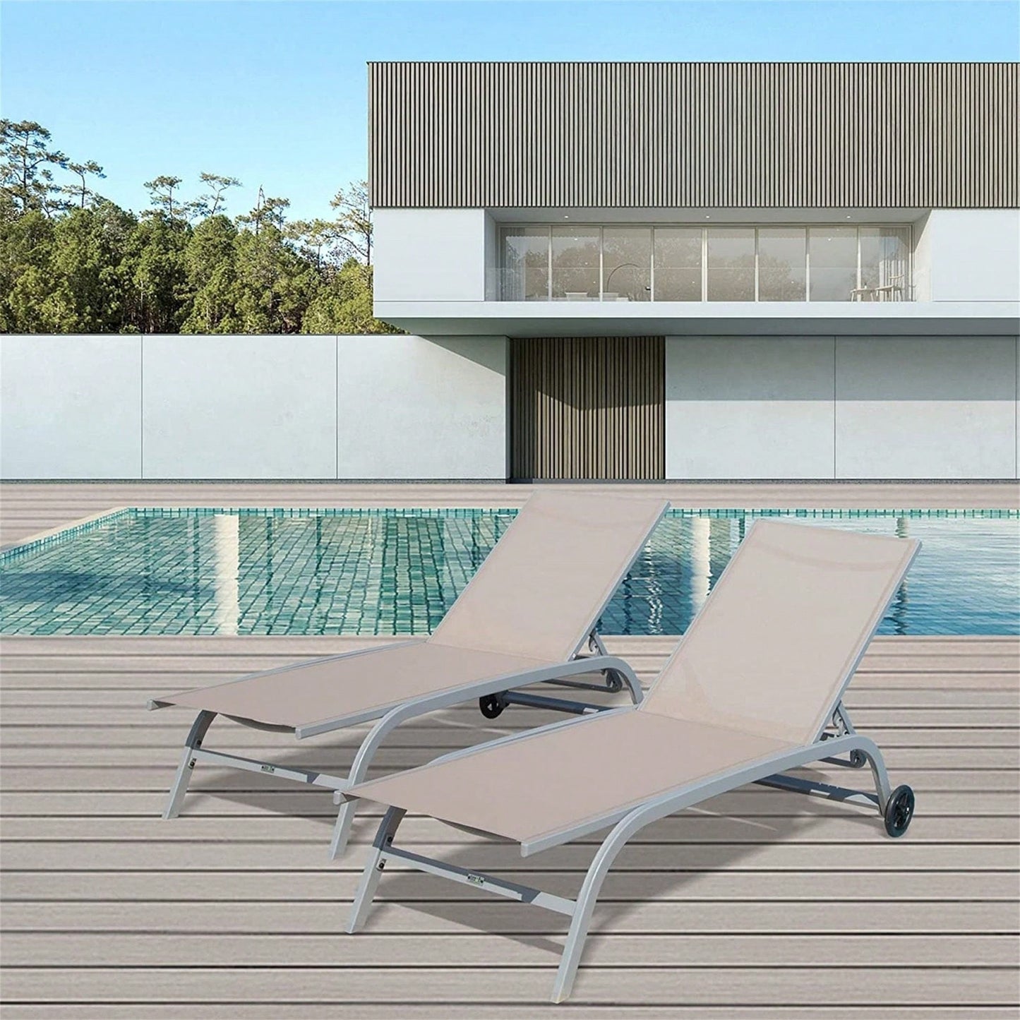 Adjustable Outdoor Lounge Chair Set with Wheels for Patio Beach Pool Deck Yard