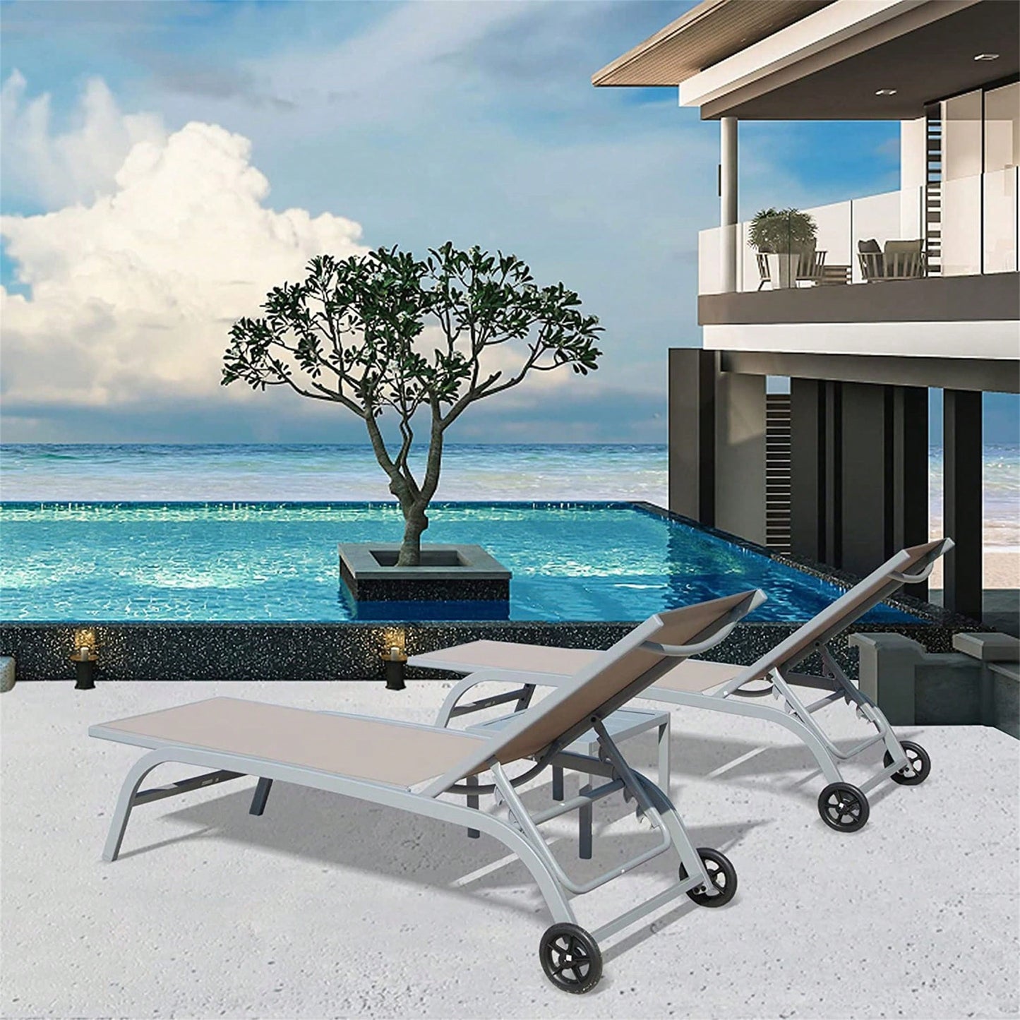 Adjustable Outdoor Lounge Chair Set with Wheels for Patio Beach Pool Deck Yard