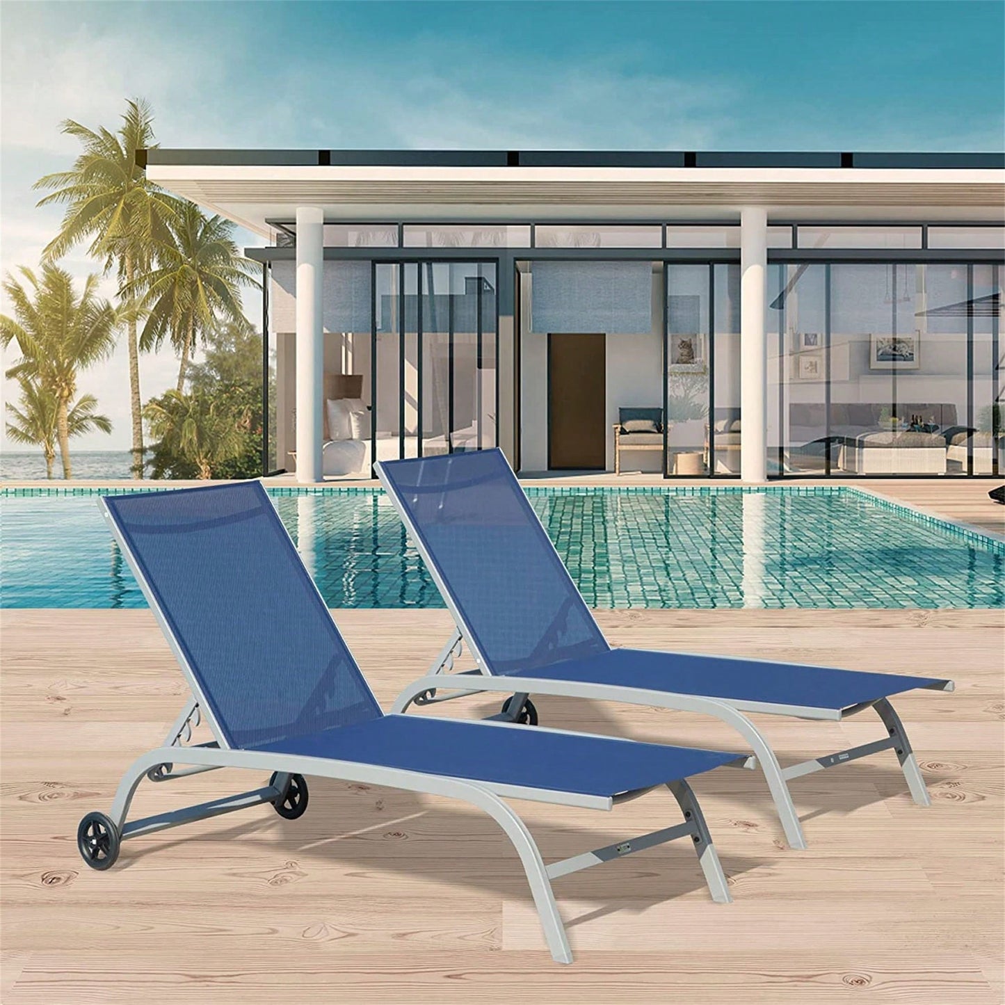 Adjustable Outdoor Lounge Chair Set with Wheels for Patio Beach Pool Deck Yard