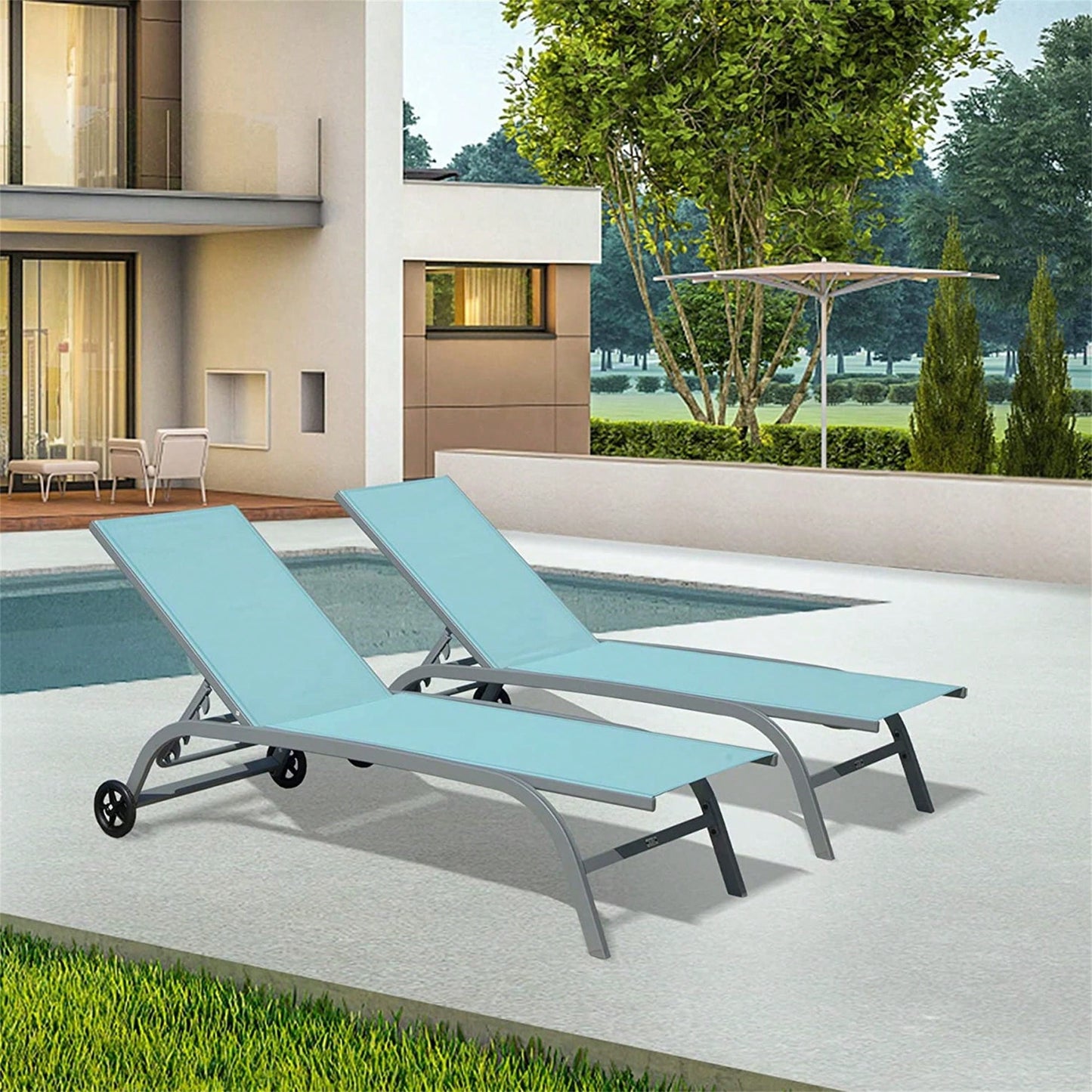 Adjustable Outdoor Lounge Chair Set with Wheels for Patio Beach Pool Deck Yard