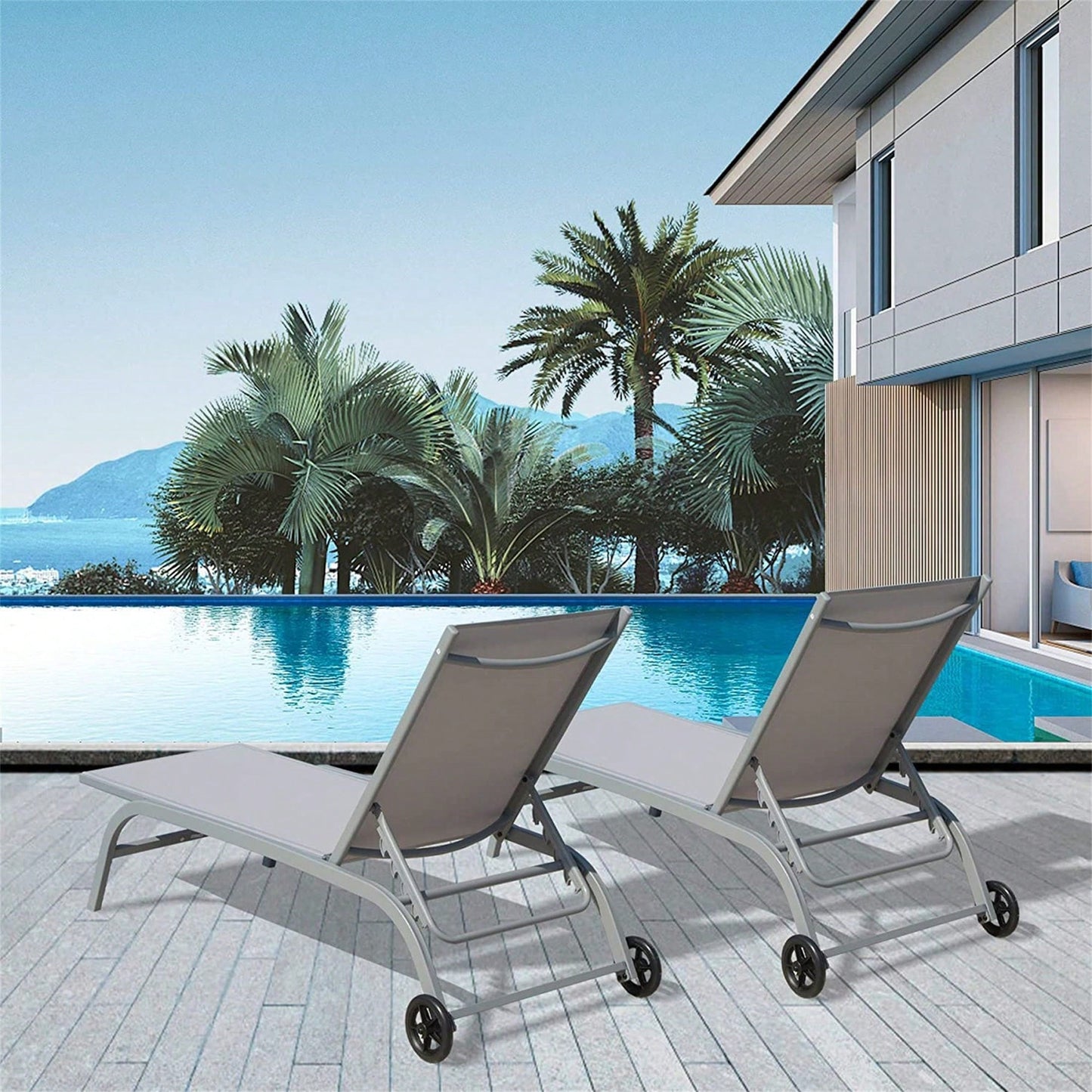 Adjustable Outdoor Lounge Chair Set with Wheels for Patio Beach Pool Deck Yard