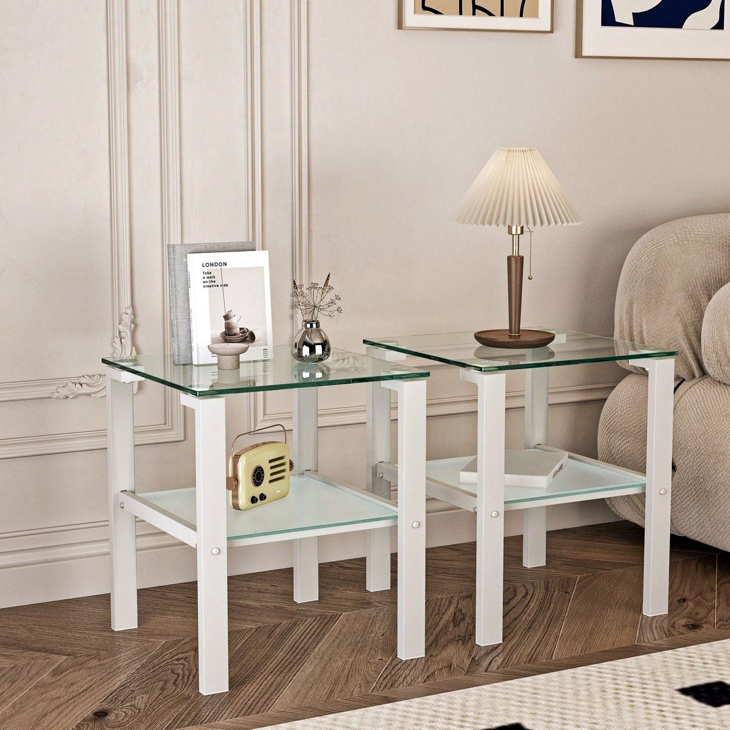 2-Piece Glass Two-Tier Tea Table, Small Round Table, Bedroom Corner Table, Living Room Side Table, Transparent