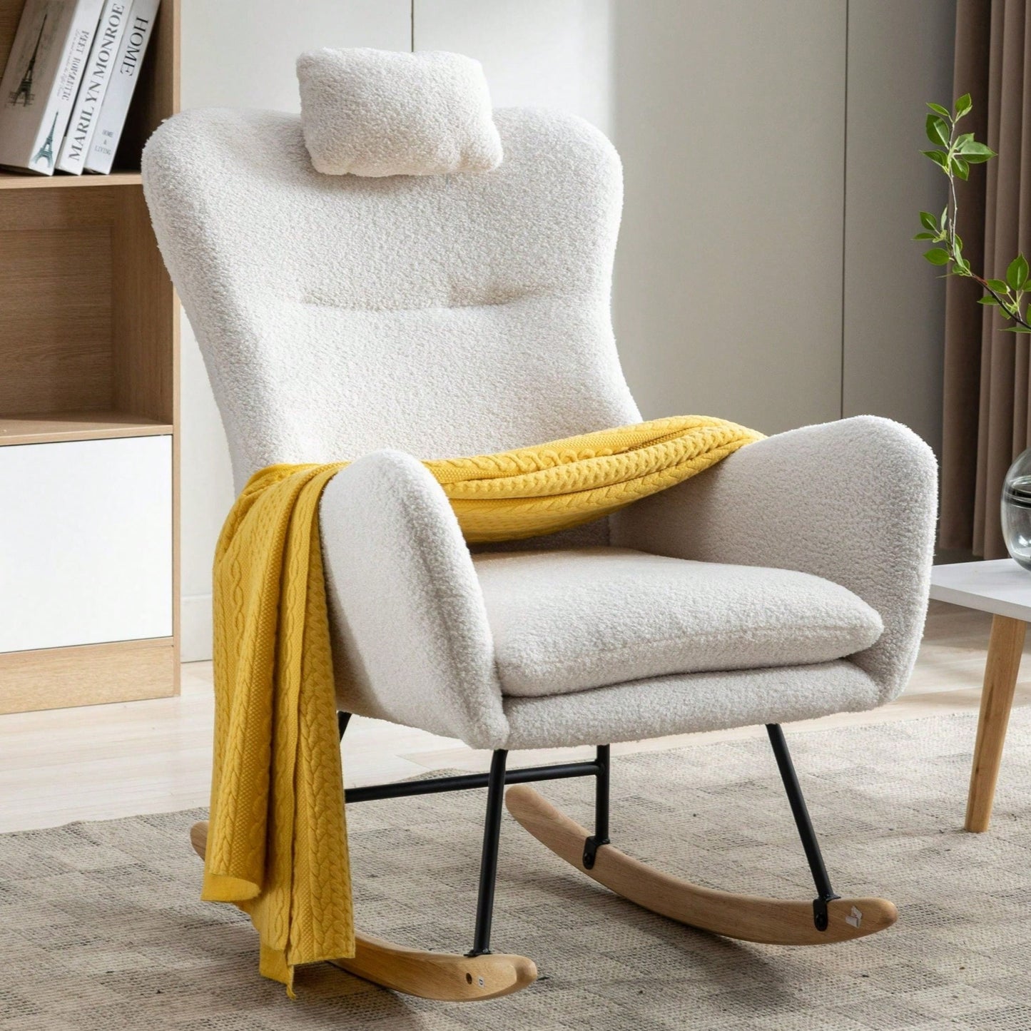 Soft Teddy Velvet Rocking Chair 35.5 Inch Wingback Glider for Nursery Living Room Bedroom Safe Solid Wood Base