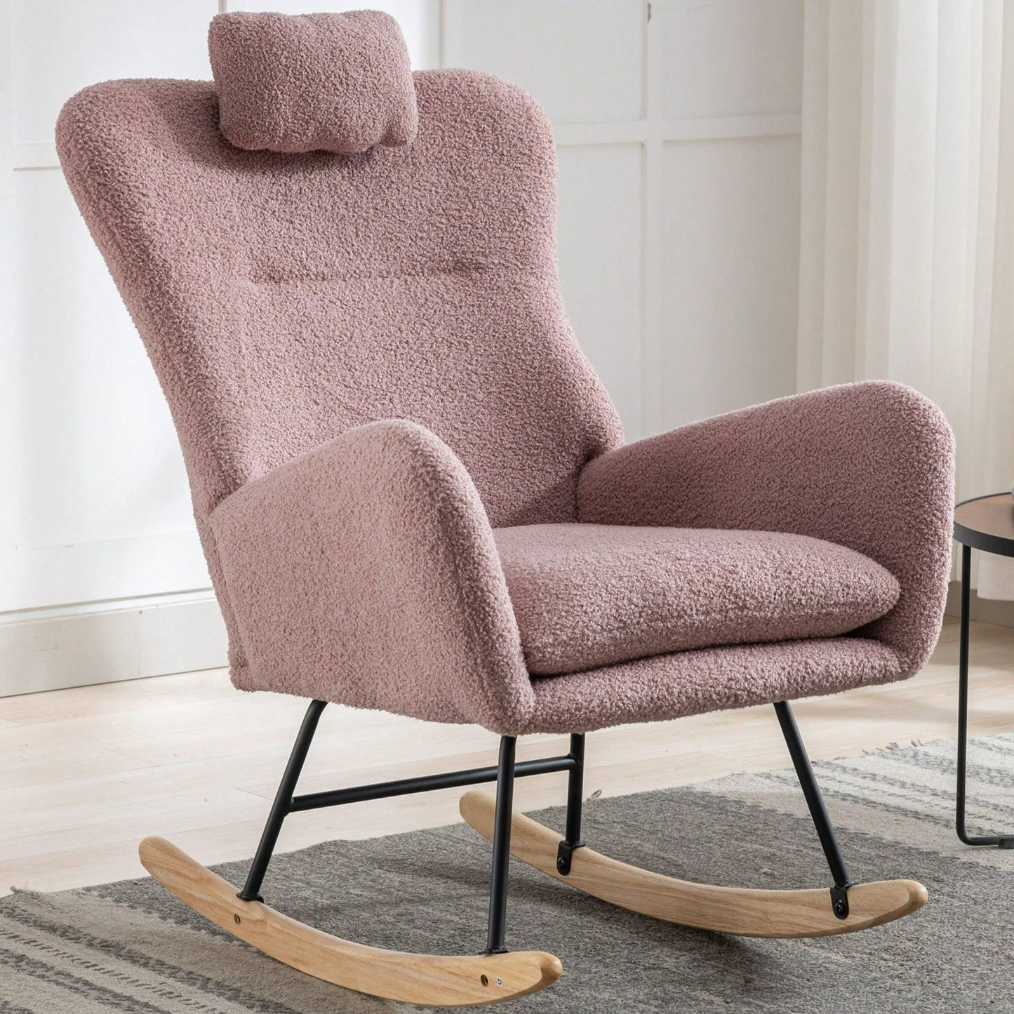 Soft Teddy Velvet Rocking Chair 35.5 Inch Wingback Glider for Nursery Living Room Bedroom Safe Solid Wood Base