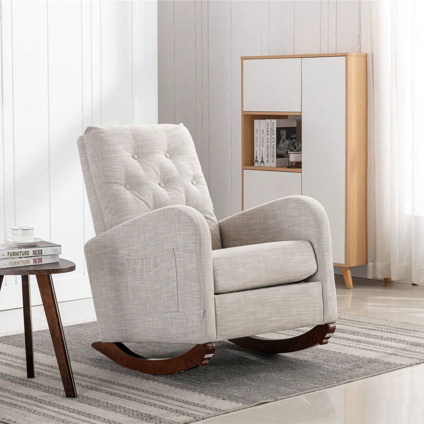 High Back Rocking Chair Nursery Chair .Comfortable Rocker Fabric Padded Seat .Modern High Back Armchair