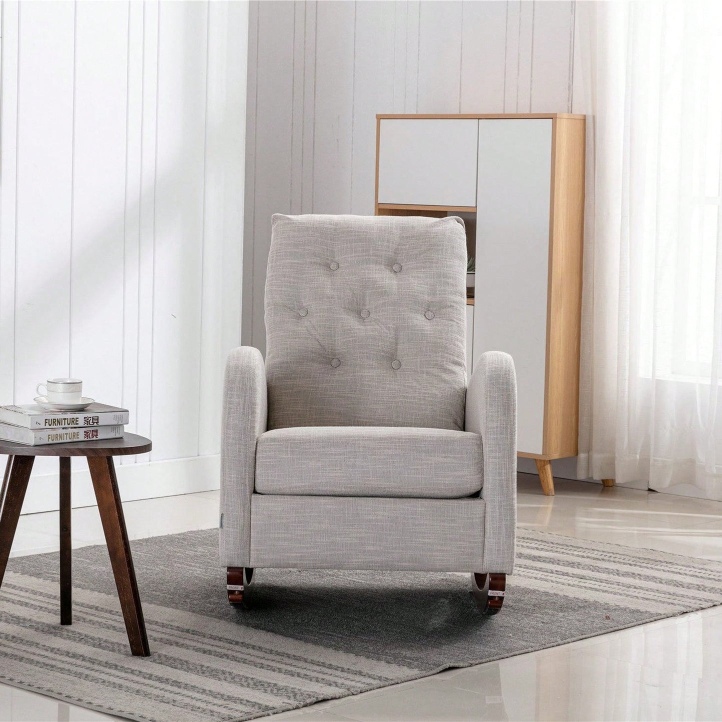 High Back Rocking Chair Nursery Chair .Comfortable Rocker Fabric Padded Seat .Modern High Back Armchair