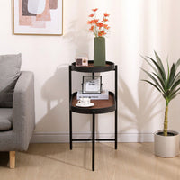 2-Tier Black Side Table with Storage for Living Room Metal Frame Wooden End Table Sofa Table