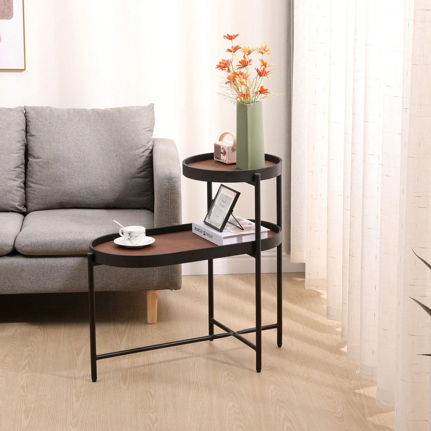 2-Tier Black Side Table with Storage for Living Room Metal Frame Wooden End Table Sofa Table