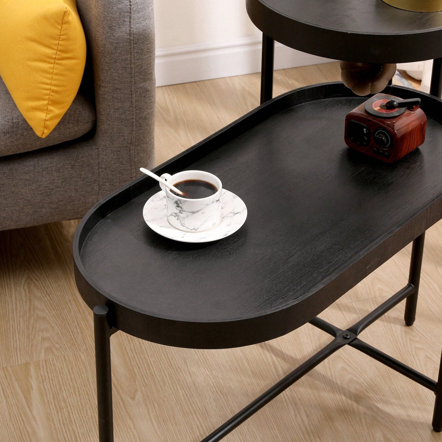 2-Tier Black Side Table with Storage for Living Room Metal Frame Wooden End Table Sofa Table