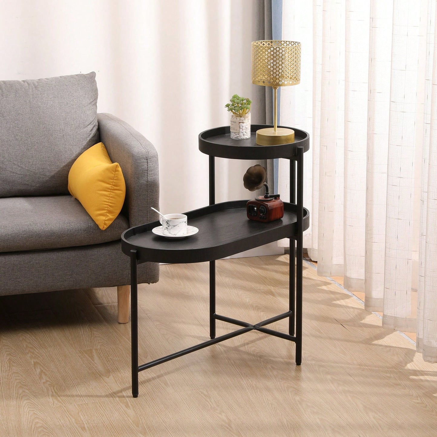 2-Tier Black Side Table with Storage for Living Room Metal Frame Wooden End Table Sofa Table