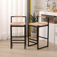 Water Hyacinth Woven Bar Stools With Back Support, Counter Height Dining Chairs For Kitchen, Home, Office