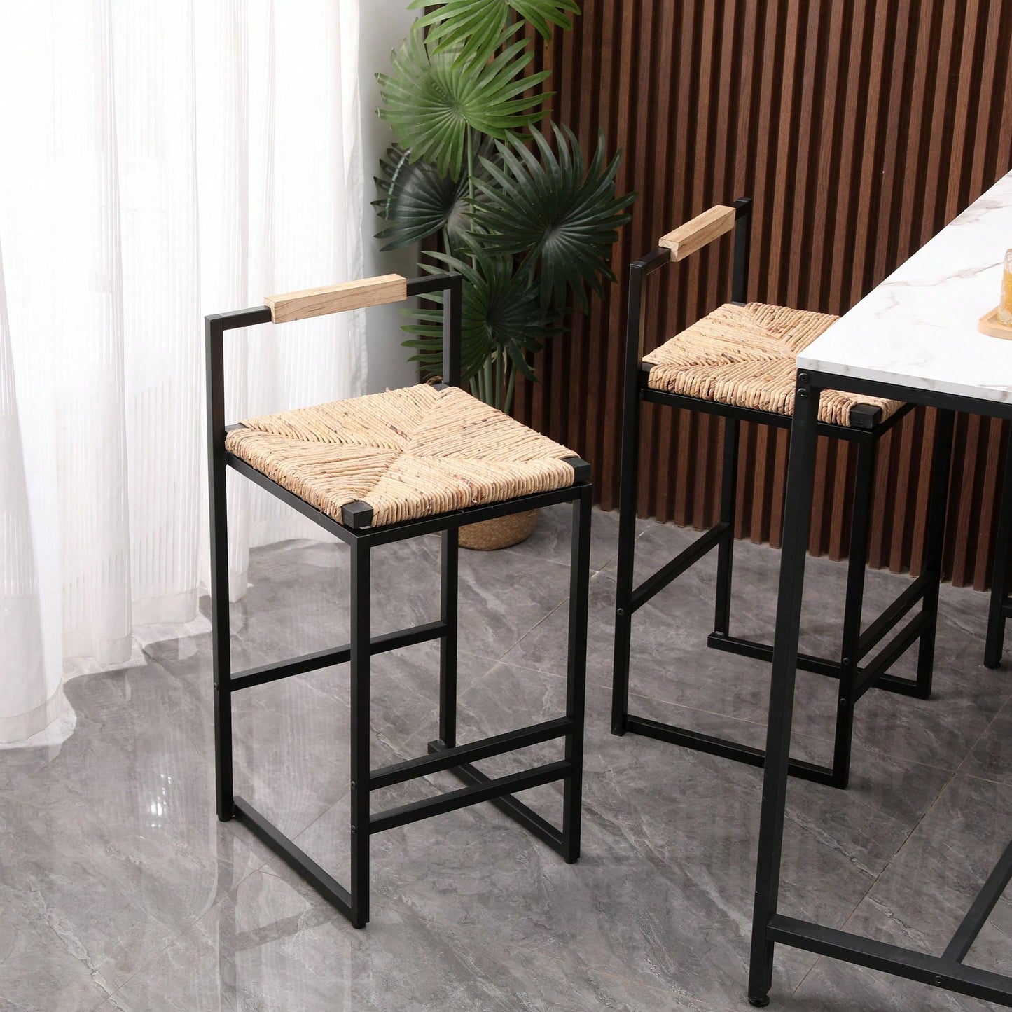 Water Hyacinth Woven Bar Stools With Back Support, Counter Height Dining Chairs For Kitchen, Home, Office