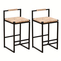 Water Hyacinth Woven Bar Stools With Back Support, Counter Height Dining Chairs For Kitchen, Home, Office