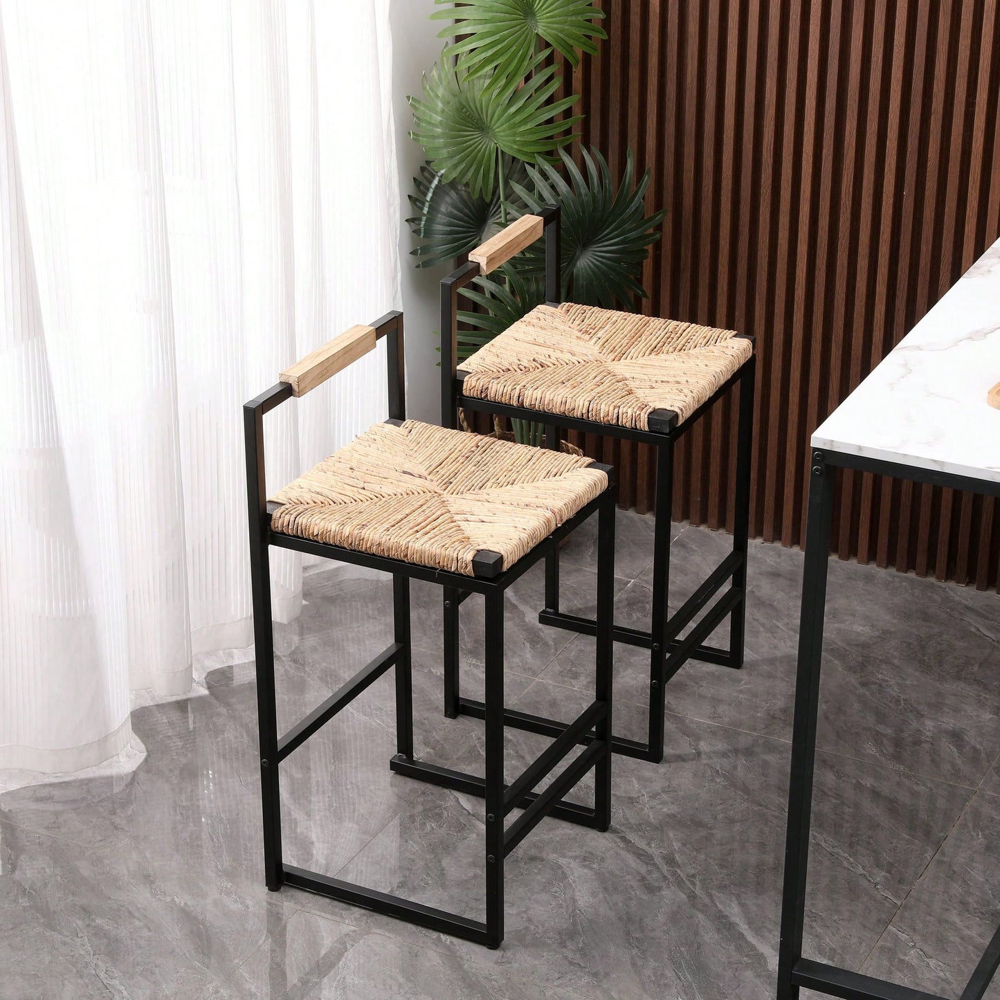 Water Hyacinth Woven Bar Stools With Back Support, Counter Height Dining Chairs For Kitchen, Home, Office