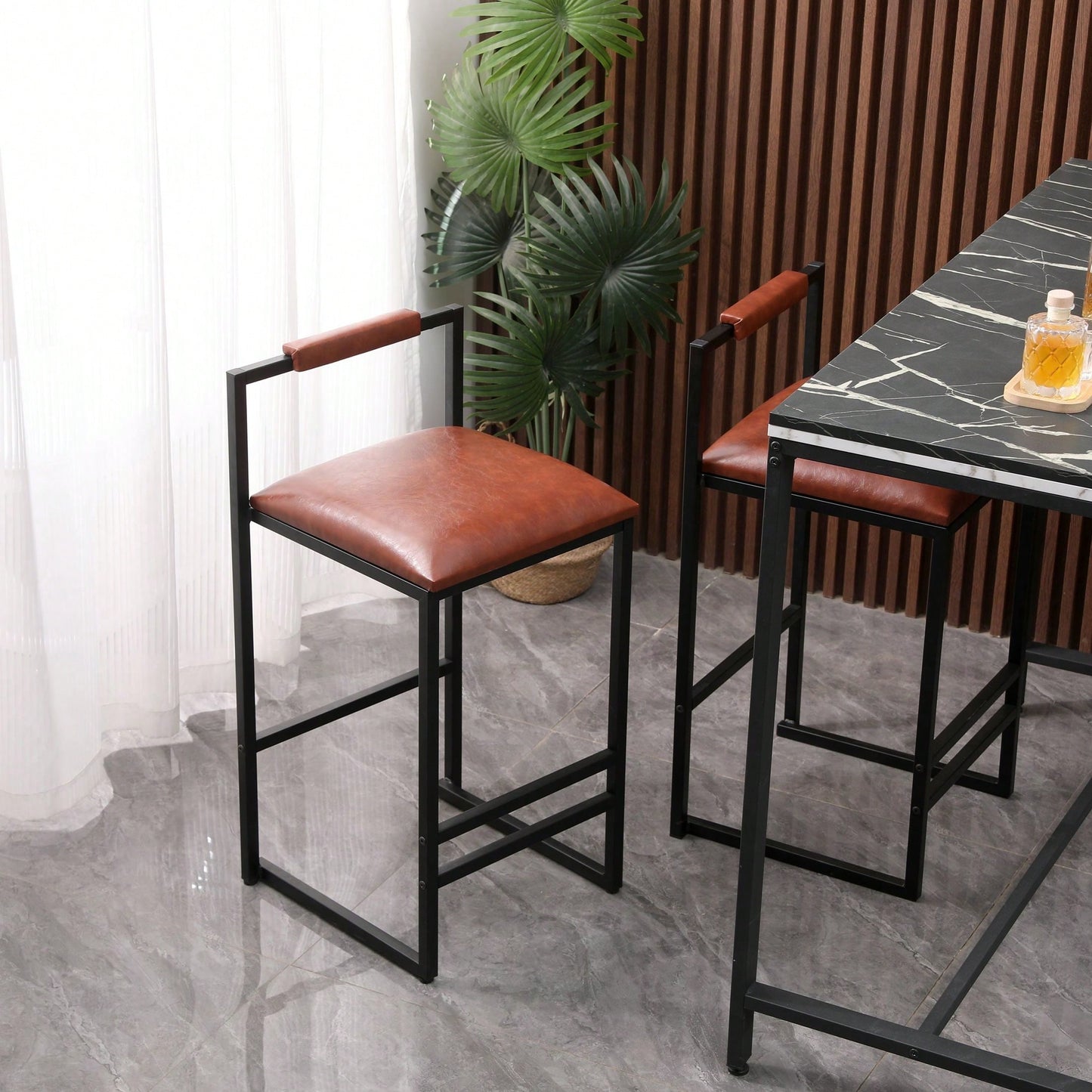 2 Counter Height Barstools Kitchen Island Stools With Back Modern Armless Metal Legs & PU Gray Upholstered Chairs