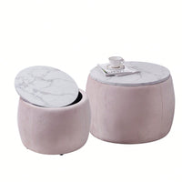 Set Of 2 Nesting Round Storage Ottoman, Coffee Table Footstool With MDF Cover For Living Room