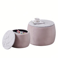 Set Of 2 Nesting Round Storage Ottoman, Coffee Table Footstool With MDF Cover For Living Room