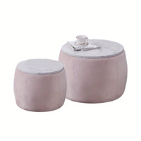 Set Of 2 Nesting Round Storage Ottoman, Coffee Table Footstool With MDF Cover For Living Room