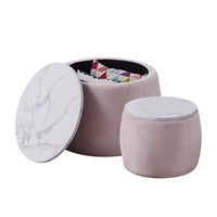 Set Of 2 Nesting Round Storage Ottoman, Coffee Table Footstool With MDF Cover For Living Room