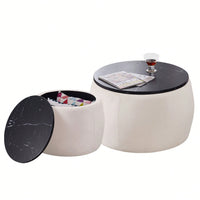 Set Of 2 Nesting Round Storage Ottoman, Coffee Table Footstool With MDF Cover For Living Room