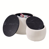 Set Of 2 Nesting Round Storage Ottoman, Coffee Table Footstool With MDF Cover For Living Room