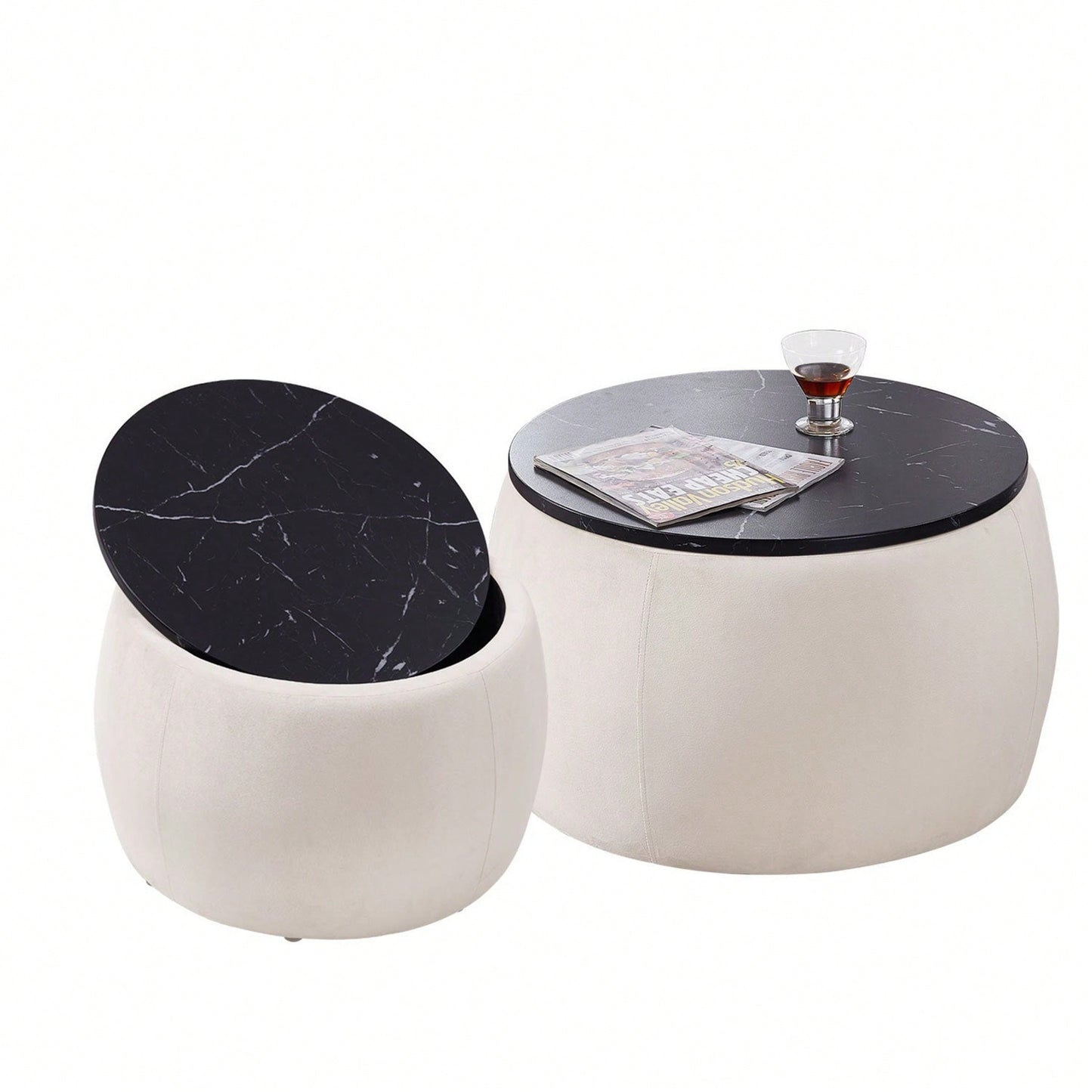 Set Of 2 Nesting Round Storage Ottoman, Coffee Table Footstool With MDF Cover For Living Room