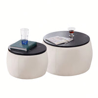 Set Of 2 Nesting Round Storage Ottoman, Coffee Table Footstool With MDF Cover For Living Room