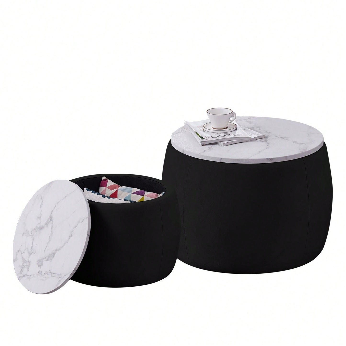 Set Of 2 Nesting Round Storage Ottoman, Coffee Table Footstool With MDF Cover For Living Room