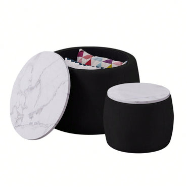 Set Of 2 Nesting Round Storage Ottoman, Coffee Table Footstool With MDF Cover For Living Room