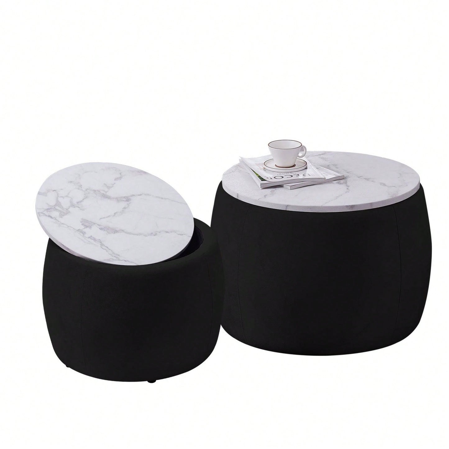 Set Of 2 Nesting Round Storage Ottoman, Coffee Table Footstool With MDF Cover For Living Room