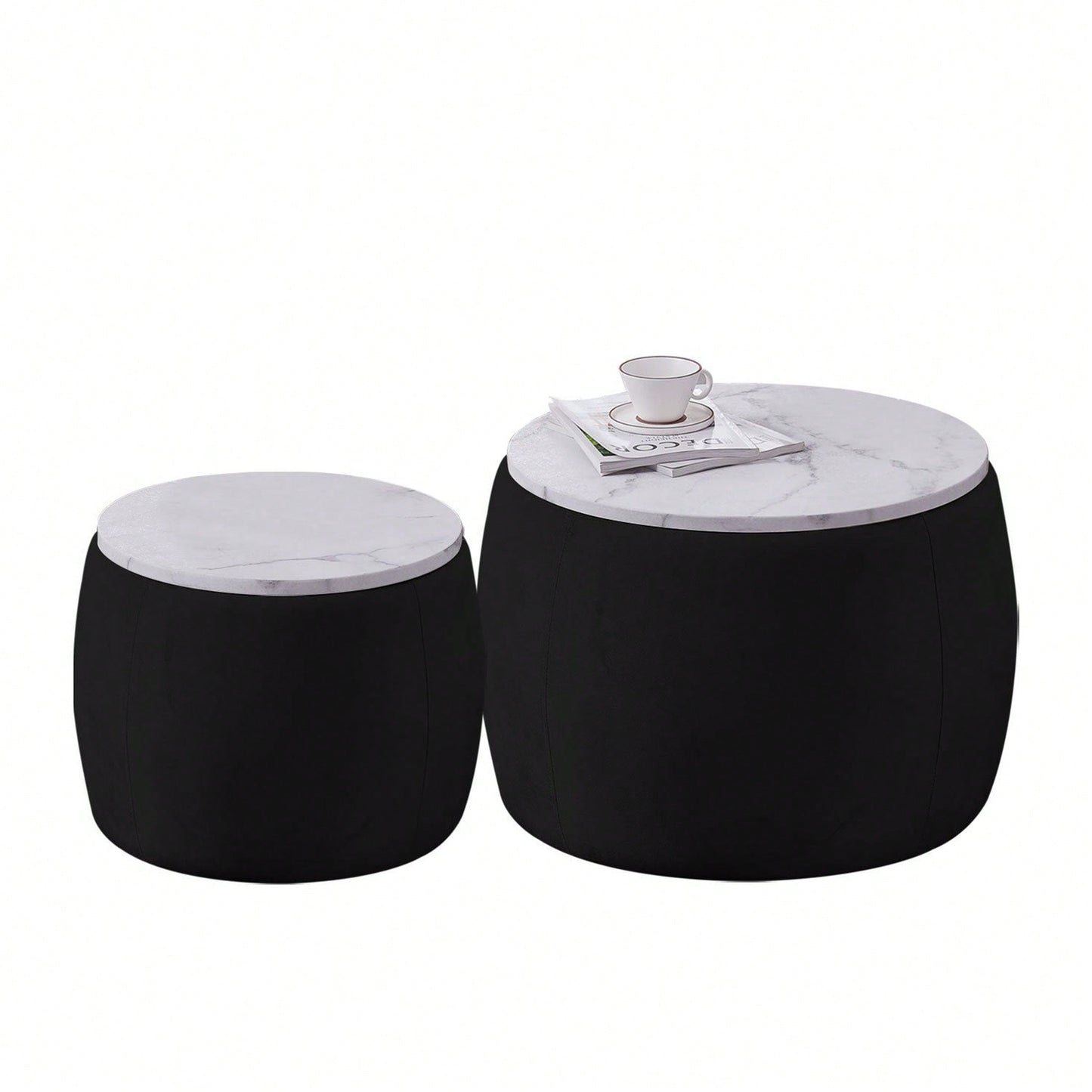 Set Of 2 Nesting Round Storage Ottoman, Coffee Table Footstool With MDF Cover For Living Room