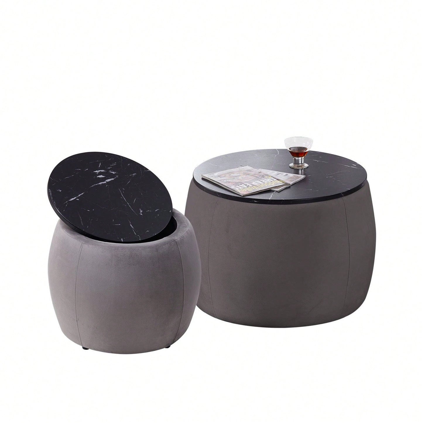 Set Of 2 Nesting Round Storage Ottoman, Coffee Table Footstool With MDF Cover For Living Room