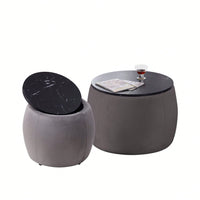 Set Of 2 Nesting Round Storage Ottoman, Coffee Table Footstool With MDF Cover For Living Room