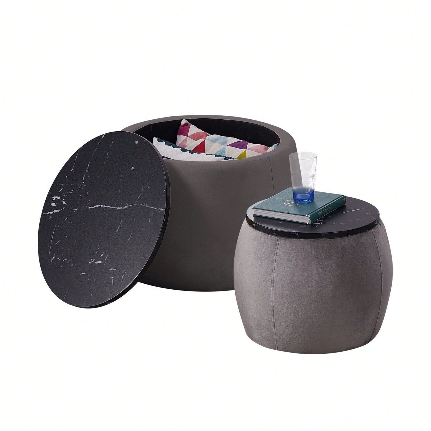 Set Of 2 Nesting Round Storage Ottoman, Coffee Table Footstool With MDF Cover For Living Room