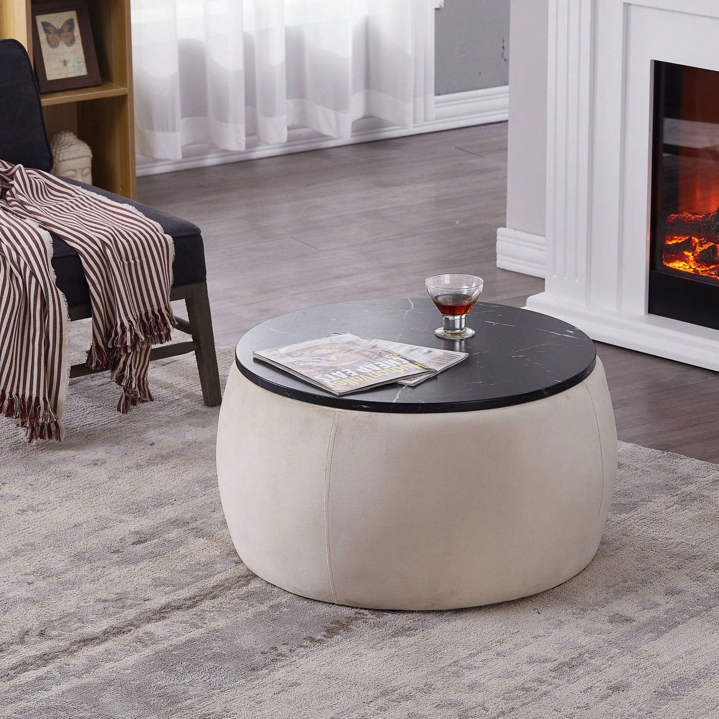 Round Ottoman With Storage For Living Room, Coffee Table, Foot Rest, Footstool, End Table - With Reversible Lid Tray