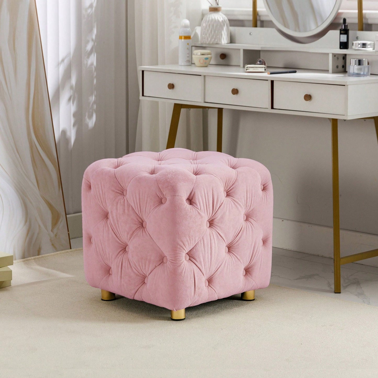 Stylish Velvet Upholstered Ottoman Small End Table Soft Foot Stool Makeup Chair Comfortable Accent Seat for Living Room Bedroom Entryway