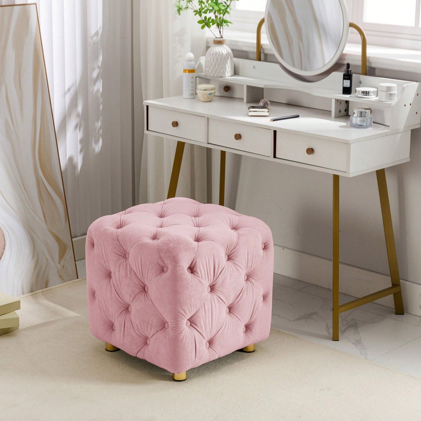 Stylish Velvet Upholstered Ottoman Small End Table Soft Foot Stool Makeup Chair Comfortable Accent Seat for Living Room Bedroom Entryway