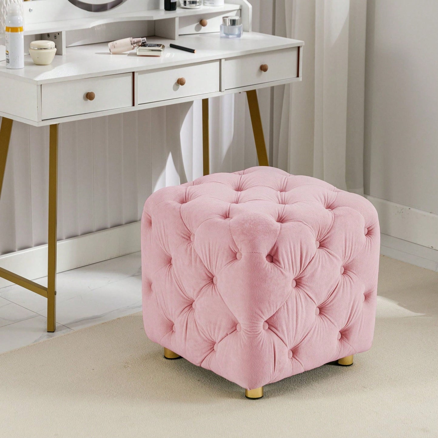 Stylish Velvet Upholstered Ottoman Small End Table Soft Foot Stool Makeup Chair Comfortable Accent Seat for Living Room Bedroom Entryway