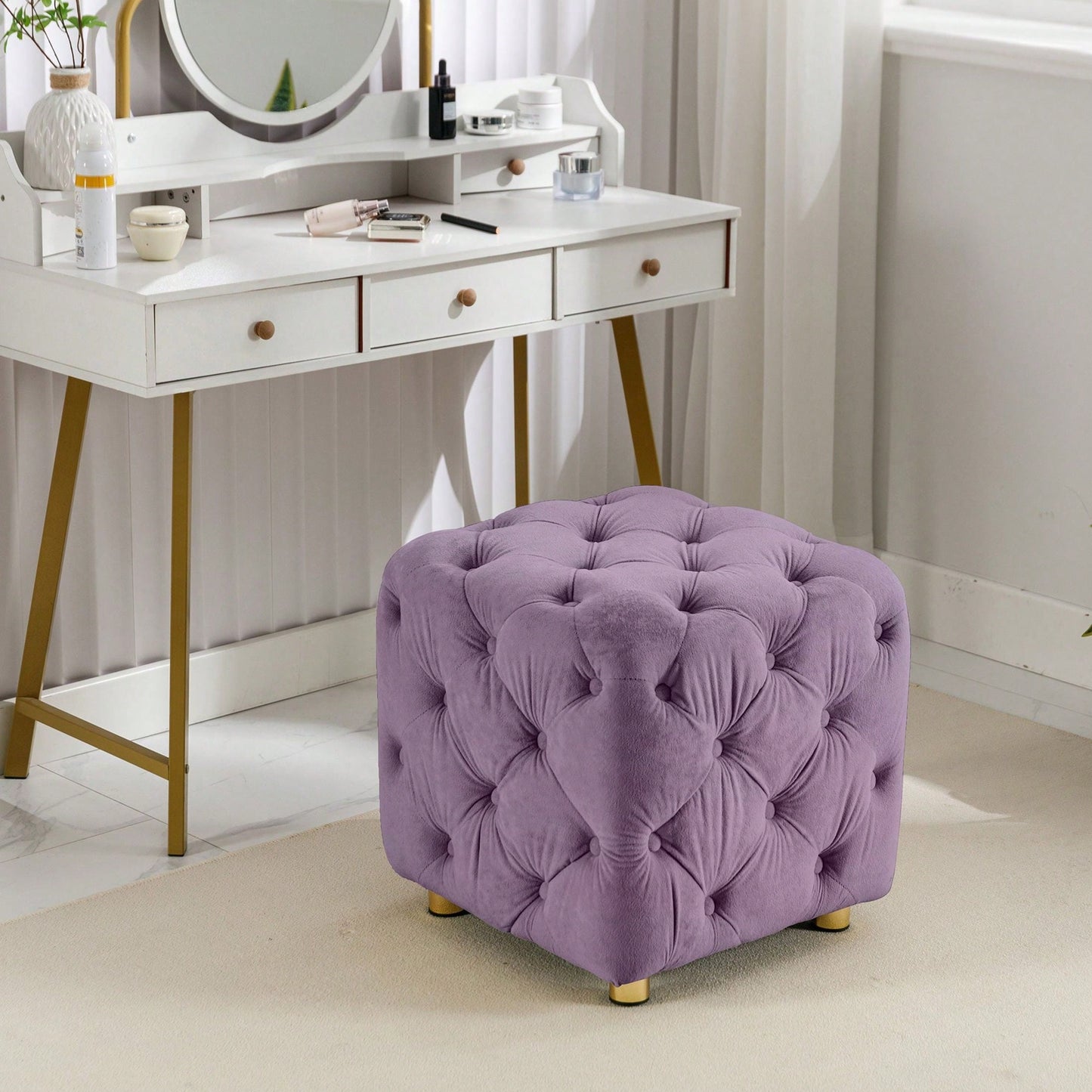 Stylish Velvet Upholstered Ottoman Small End Table Soft Foot Stool Makeup Chair Comfortable Accent Seat for Living Room Bedroom Entryway