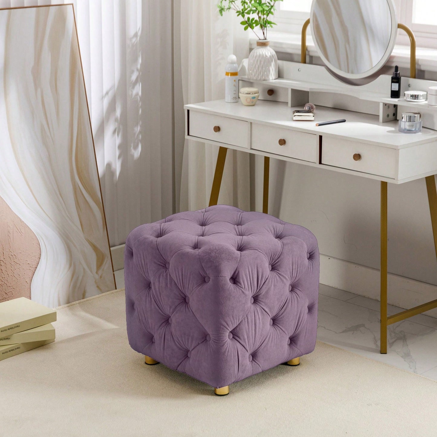 Stylish Velvet Upholstered Ottoman Small End Table Soft Foot Stool Makeup Chair Comfortable Accent Seat for Living Room Bedroom Entryway