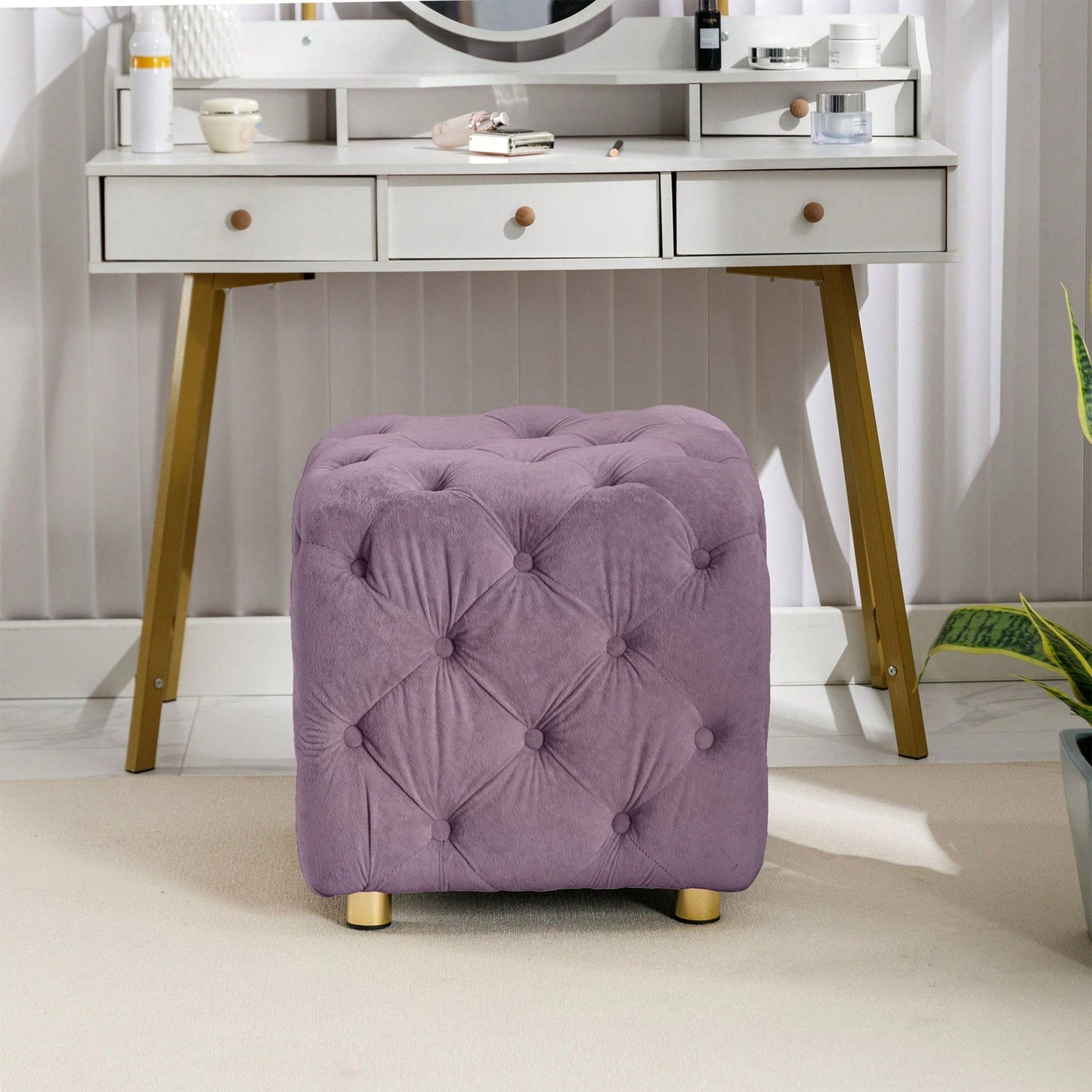 Stylish Velvet Upholstered Ottoman Small End Table Soft Foot Stool Makeup Chair Comfortable Accent Seat for Living Room Bedroom Entryway