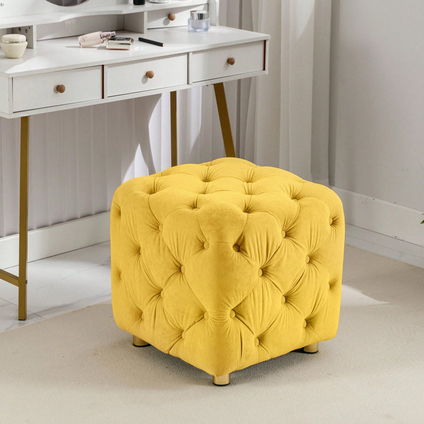 Stylish Velvet Upholstered Ottoman Small End Table Soft Foot Stool Makeup Chair Comfortable Accent Seat for Living Room Bedroom Entryway