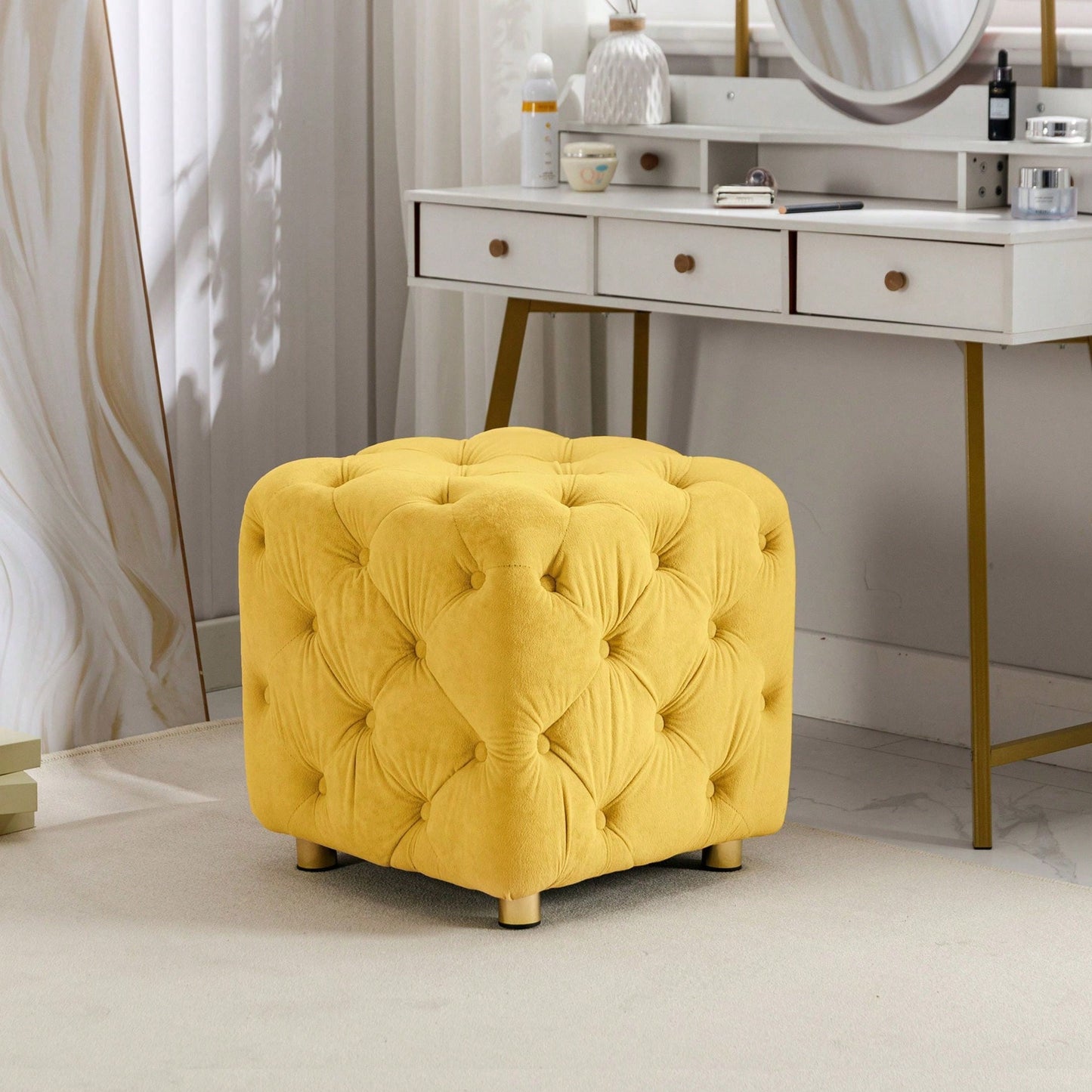 Stylish Velvet Upholstered Ottoman Small End Table Soft Foot Stool Makeup Chair Comfortable Accent Seat for Living Room Bedroom Entryway