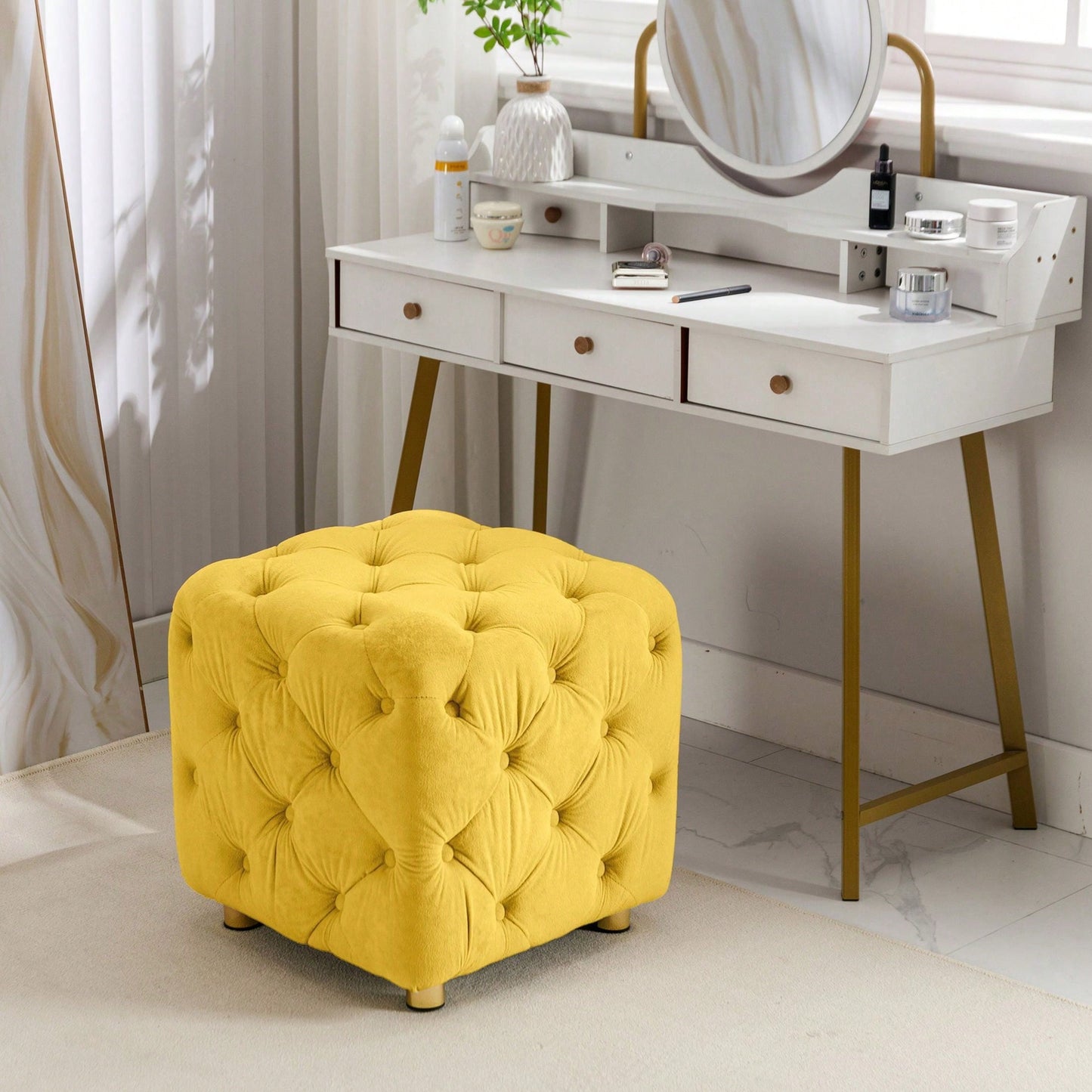 Stylish Velvet Upholstered Ottoman Small End Table Soft Foot Stool Makeup Chair Comfortable Accent Seat for Living Room Bedroom Entryway