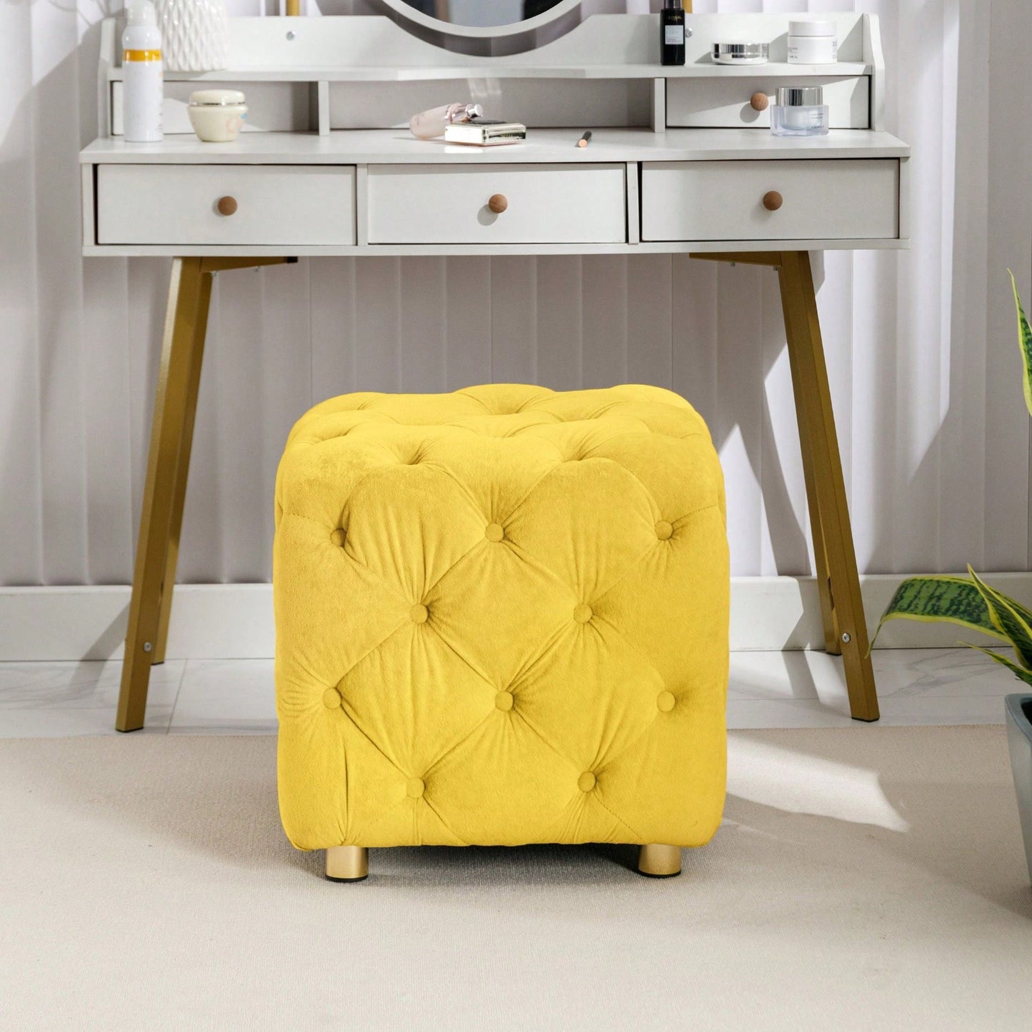 Stylish Velvet Upholstered Ottoman Small End Table Soft Foot Stool Makeup Chair Comfortable Accent Seat for Living Room Bedroom Entryway